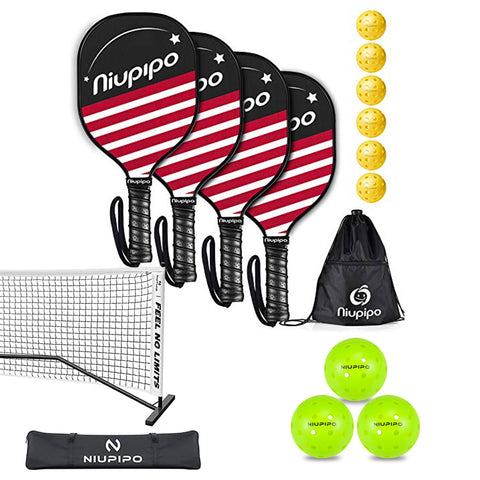 Wooden Black & Red Pickleball Paddles Set Combo including 4 Wooden Paddles, Portable Pickleball Net, 9 Pickleball Balls