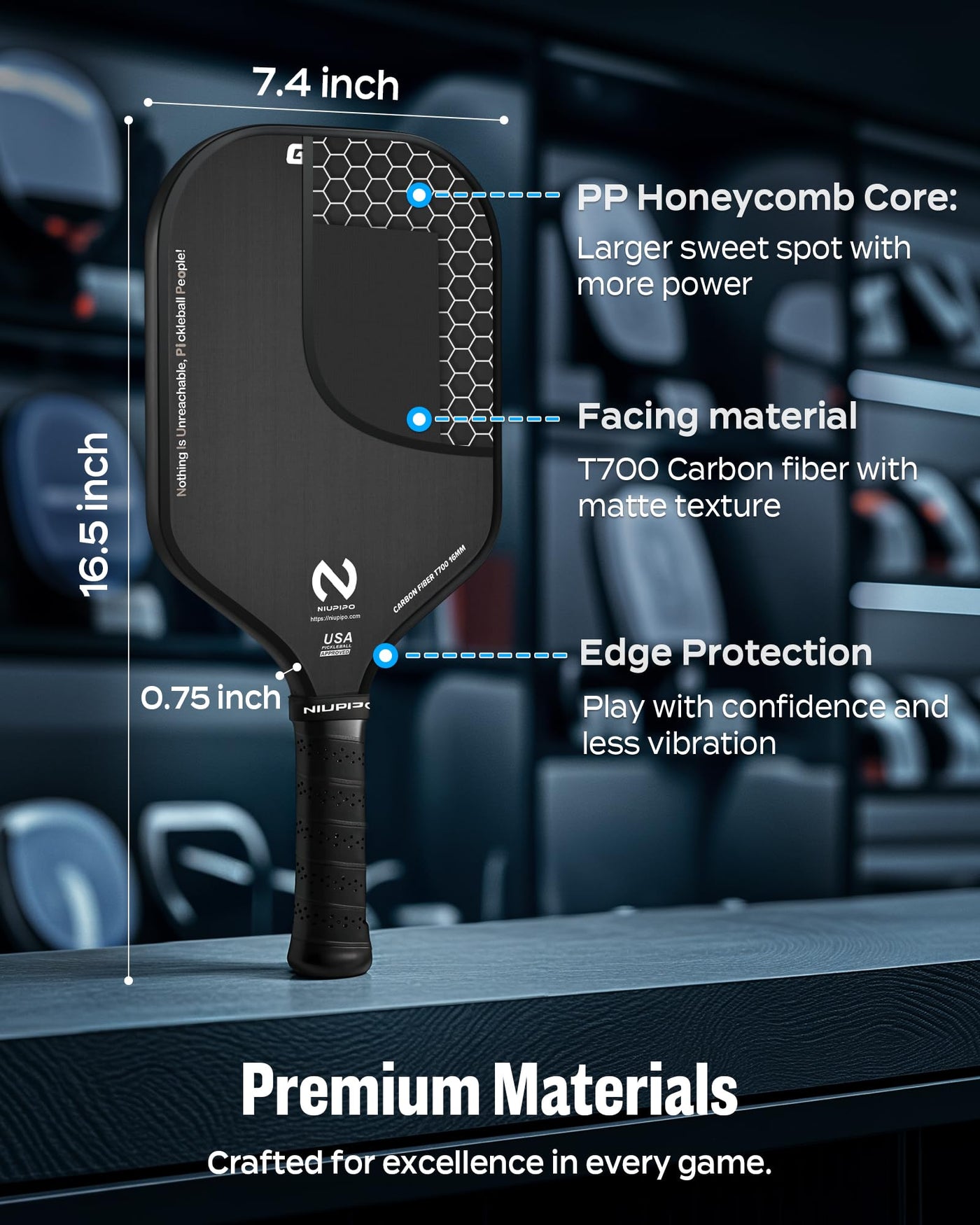 niupipo T700 Carbon Fiber Professional Pickleball Paddle Glide